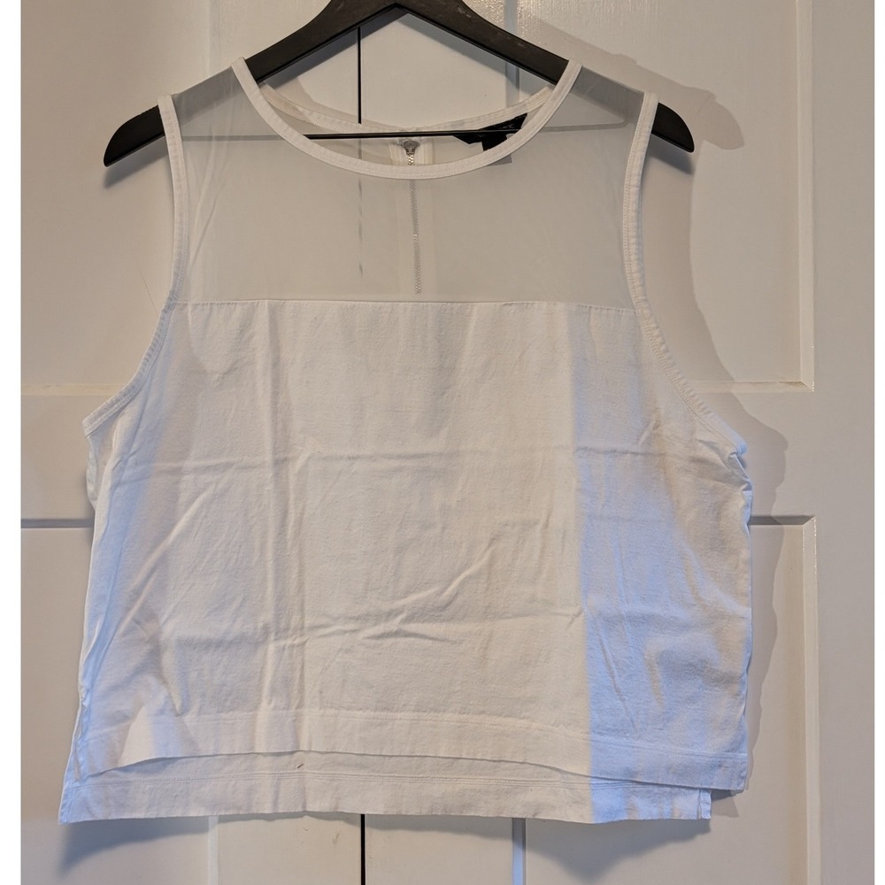 Banana Republic XL White Sheer Mesh Yoke Sleeveless Cotton Top Back Zip Blouse